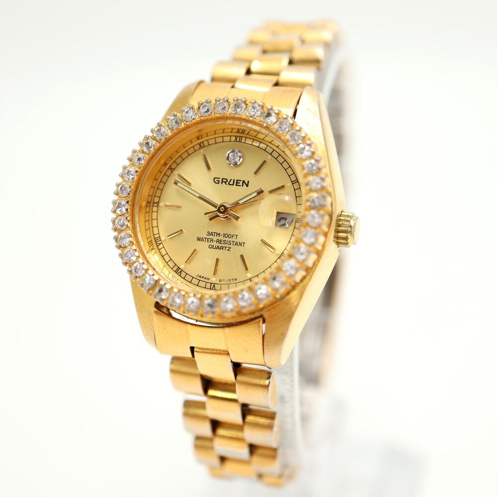 Gruen Gold Tone Crystal Bezel 26mm Womens Watch Date Steel Bracelet New Battery